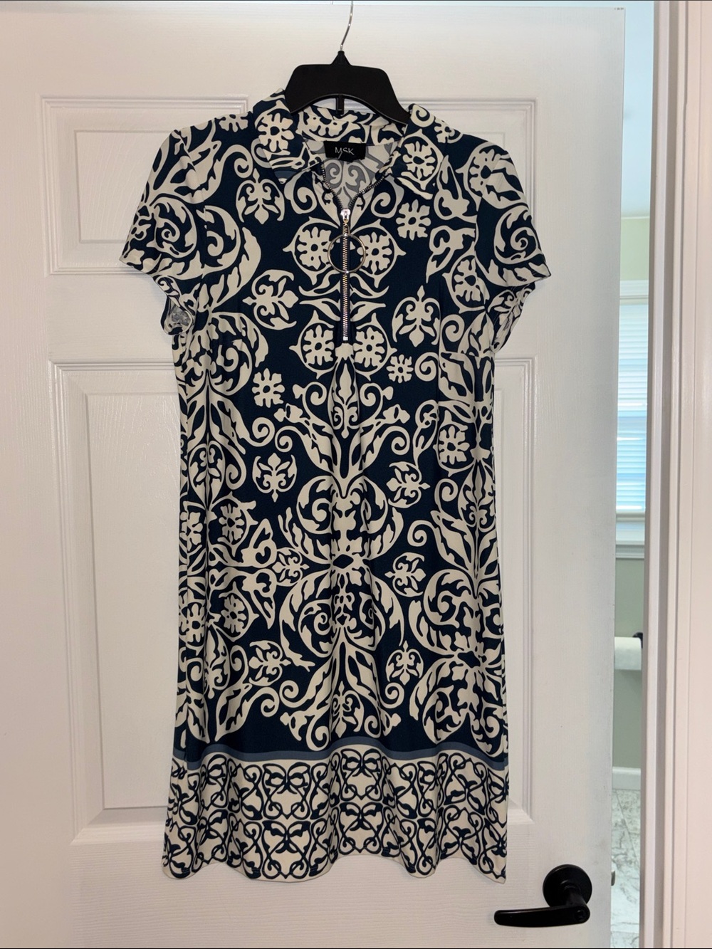 MSK Navy and Cream Zip-Front Short Sleeve A-Line Dress